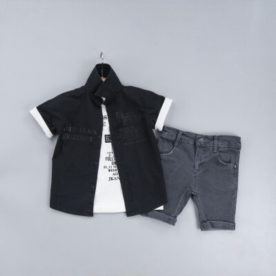 Wholesale Boys 3-Piece Shirt Set with T-Shirt and Denim Shorts 2-5Y Gold Class 1010-2314 - Gold Class