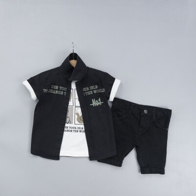 Wholesale Boys 3-Piece Shirt Set with T-Shirt And Denim Shorts 6-9Y Gold Class 1010-3302 - 2