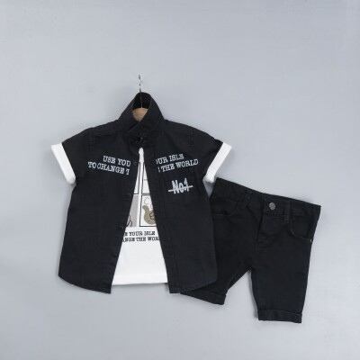 Wholesale Boys 3-Piece Shirt Set with T-Shirt And Denim Shorts 6-9Y Gold Class 1010-3302 Stone