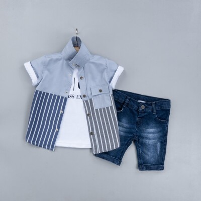 Wholesale Boys 3-Piece Shirt Set with T-Shirt and Denim Shorts 6-9Y Gold Class 1010-3303 - Gold Class
