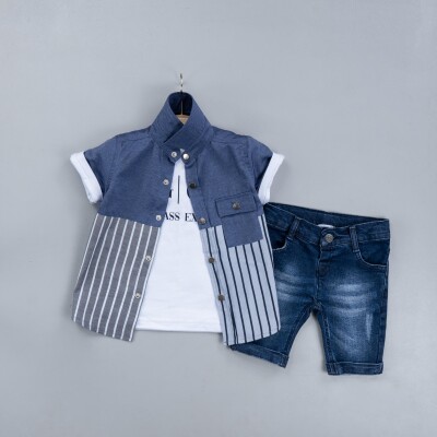 Wholesale Boys 3-Piece Shirt Set with T-Shirt and Denim Shorts 6-9Y Gold Class 1010-3303 - Gold Class (1)