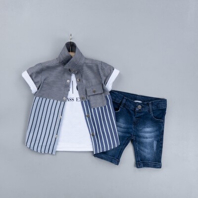 Wholesale Boys 3-Piece Shirt Set with T-Shirt and Denim Shorts 6-9Y Gold Class 1010-3303 Gray