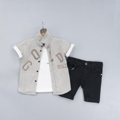 Wholesale Boys 3-Piece Shirt Set with T-Shirt and Shorts 2-5Y Gold Class 1010-2317 Stone
