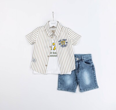 Wholesale Boys 3-Piece Shirt, T-Shirt and Denim Shorts Set 2-5YSani 1068-2309 Beige