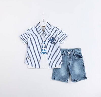 Wholesale Boys 3-Piece Shirt, T-Shirt and Denim Shorts Set 2-5YSani 1068-2309 Saxe