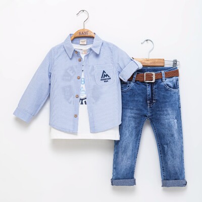 Wholesale Boys 3-Piece Shirt T-Shirt and Pants 2-5Y Sani 1068-2305 Blue