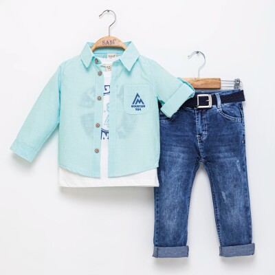 Wholesale Boys 3-Piece Shirt T-Shirt and Pants 2-5Y Sani 1068-2305 Mint Green 