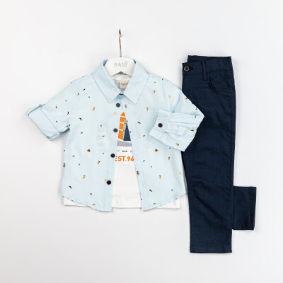 Wholesale Boys 3-Piece Shirt T-Shirt and Pants Set 2-5Y Sani 1068-2312 Light Blue