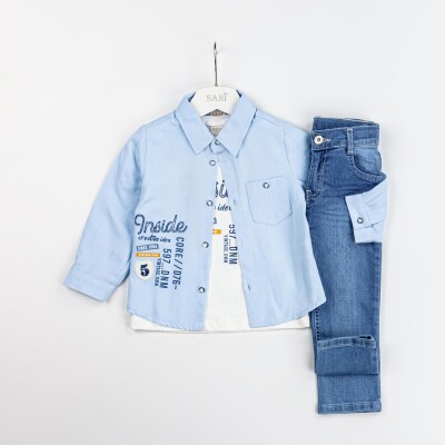 Wholesale Boys 3-Piece Shirt T-Shirt and Pants Set 2-5Y Sani 1068-2313 Light Blue