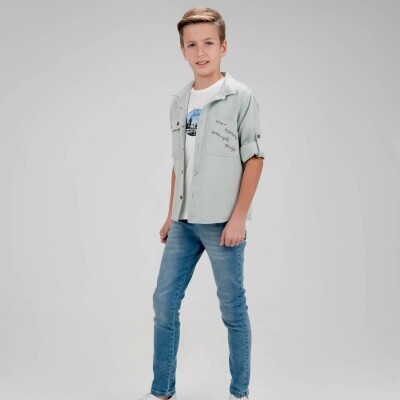 Wholesale Boys 3-Pieces Shirt, T-shirt and Denim Pants Set 9-12Y Cool Exclusive 2036-10104 Mint Green 