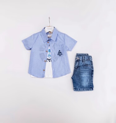 Wholesale Boys 3-Pieces Shirt, T-shirt and Denim Short Set 2-5Y Sani 1068-2388 Blue