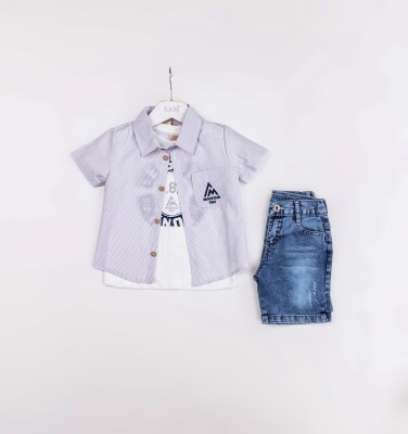 Wholesale Boys 3-Pieces Shirt, T-shirt and Denim Short Set 2-5Y Sani 1068-2388 - 3