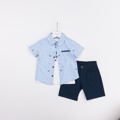 Wholesale Boys 3-Pieces Shirt, T-shirt and Short Set 2-5Y Sani 1068-2342 Light Blue