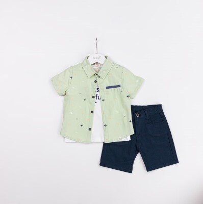Wholesale Boys 3-Pieces Shirt, T-shirt and Short Set 2-5Y Sani 1068-2342 Green Almond