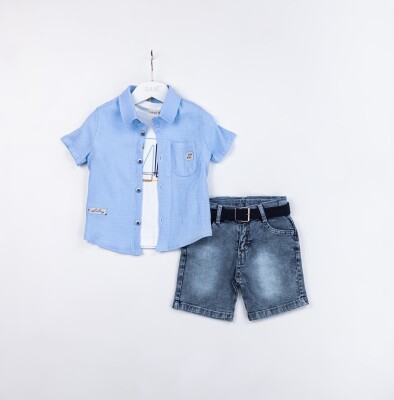 Wholesale Boys 3-Pieces Shirt, T-shirt and Short Set 2-5Y Sani 1068-2366 Синий