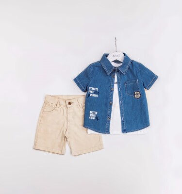 Wholesale Boys 3-Pieces Shirt, T-shirt and Short Set 2-5Y Sani 1068-2374 - 1