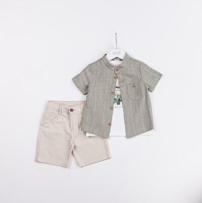Wholesale Boys 3-Pieces Shirt, T-shirt and Short Set 2-5Y Sani 1068-2378 Khaki