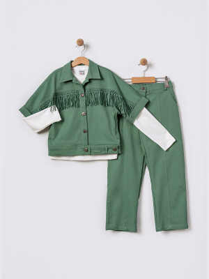 Wholesale Girl Fringed 3-Piece Pants Set 7-10Y Pafim 2041-2025Y1019 Green