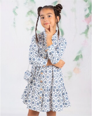 Wholesale Girl Girl Katan Printed Dress 6-9Y Wizzy 2038-3475 Blue