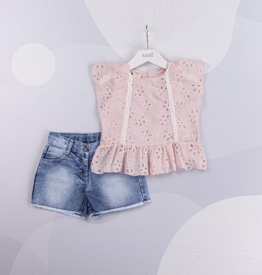 Wholesale Girls 2-Piece Blouse and Denim Shorts Set 2-5Y Sani 1068-9861 - 1