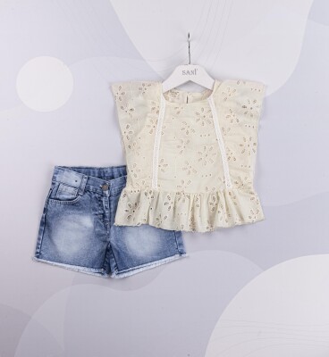 Wholesale Girls 2-Piece Blouse and Denim Shorts Set 2-5Y Sani 1068-9861 Yellow
