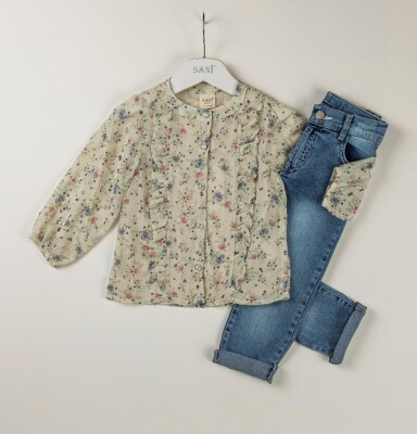 Wholesale Girls 2-Piece Blouse Set with denim Pants 2-5Y Sani 1068-9787 - Sani