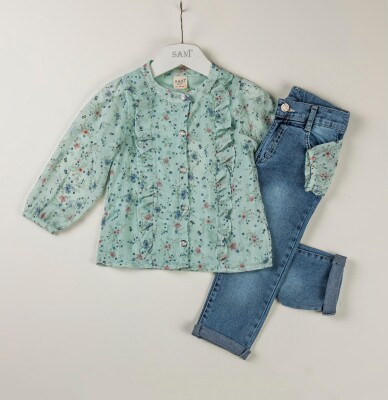 Wholesale Girls 2-Piece Blouse Set with denim Pants 2-5Y Sani 1068-9787 - 2