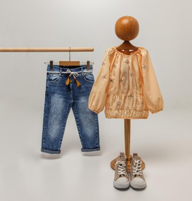 Wholesale Girls 2-Piece Blouse Set With Denim Pants 2-5Y Sani 1068-9799 - 1