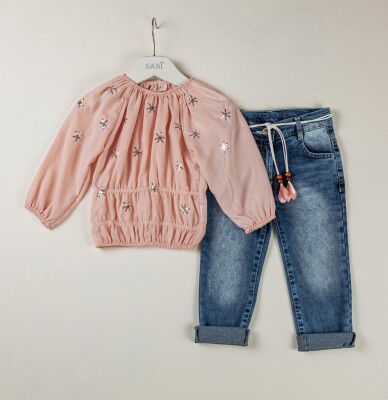 Wholesale Girls 2-Piece Blouse Set With Denim Pants 2-5Y Sani 1068-9799 - 2