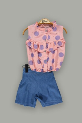 Wholesale Girls 2-Piece Blouse Set with Denim Shorts 2-5Y Kumru Bebe 1075-3650 Лососевый цвет