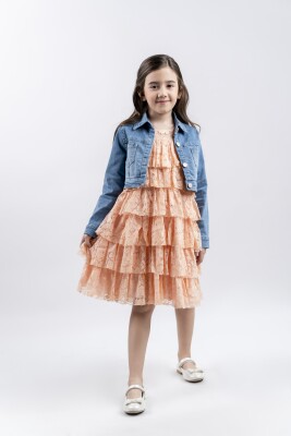 Wholesale Girls 2-Piece Lace Dress Set with Denim Jacket 5-8Y Eray Kids 1044-13236 Salmon Color 