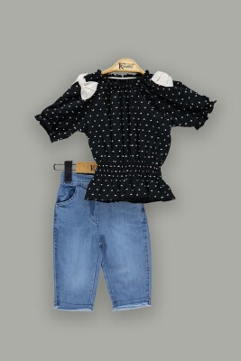 Wholesale Girls 2-Piece Sets with Spotted Blouse and Denim Shorts 2-5Y Kumru Bebe 1075-3803 - 2