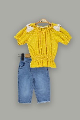Wholesale Girls 2-Piece Sets with Spotted Blouse and Denim Shorts 2-5Y Kumru Bebe 1075-3803 Mustard