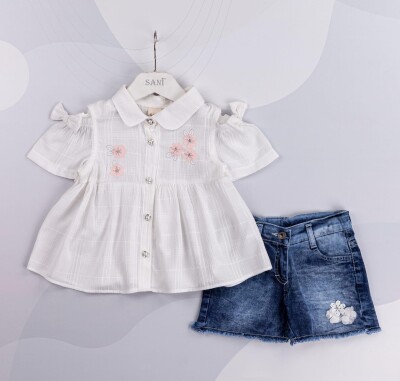 Wholesale Girls 2-Piece Shirt and Denim Shorts 2-5Y Sani 1068-9826 White