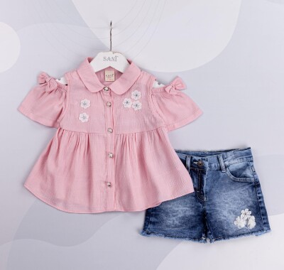 Wholesale Girls 2-Piece Shirt and Denim Shorts 2-5Y Sani 1068-9826 Pink