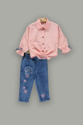 Wholesale Girls 2-Piece Shirt Set with Denim Pants 2-5Y Kumru Bebe 1075-3888 Лососевый цвет