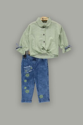 Wholesale Girls 2-Piece Shirt Set with Denim Pants 2-5Y Kumru Bebe 1075-3888 Mint Green 