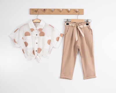 Wholesale Girls 2-Piece Spotted Shirt and Pants 8-12Y Moda Mira 1080-7081 Beige
