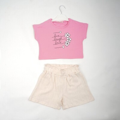Wholesale Girls 2-Piece T-shirt and Linen Shorts 7-10Y Büşra Bebe 1016-23175 - 1