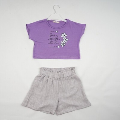 Wholesale Girls 2-Piece T-shirt and Linen Shorts 7-10Y Büşra Bebe 1016-23175 - 2