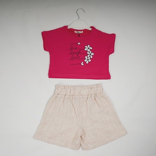 Wholesale Girls 2-Piece T-shirt and Linen Shorts 7-10Y Büşra Bebe 1016-23175 - 3