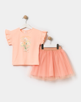 Wholesale Girls 2-Piece T-Shirt and Skirt Set 4-7Y Bupper Kids 1053-24714 Salmon Color 