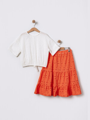 Wholesale Girl's 2-piece T-shirt and Skirt Set 5-8Y Pafim 2041-2025Y1014 Orange