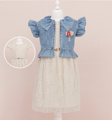 Wholesale Girls 2-Piece Tulle Dress Set with Denim Jacket 5-8Y BabyRose 1002-4135 - BabyRose
