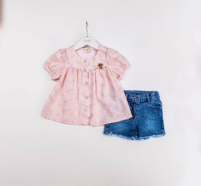 Wholesale Girls 2-Pieces Blouse and Denim Short Set 2-5Y Sani 1068-2344 Light Pink