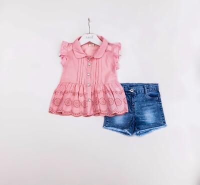 Wholesale Girls 2-Pieces Blouse and Short Set 2-5Y Sani 1068-2367 Pink