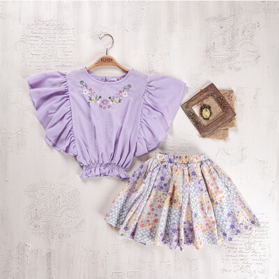 Wholesale Girls 2-Pieces Blouse and Skirt Set 5-8Y Elayza 2023-2214 Lilac