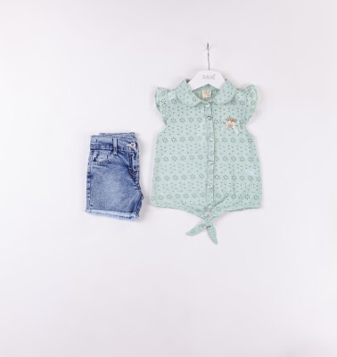 Wholesale Girls 2-Pieces Shirt and Denim Short Set 2-5Y Sani 1068-2384 Мятно-зеленый