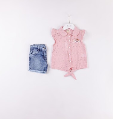 Wholesale Girls 2-Pieces Shirt and Denim Short Set 2-5Y Sani 1068-2384 Pink