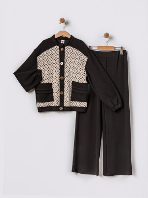 Wholesale Girl's 2pcs Dentel Cardigan and Trousers 11-14Y Pafim 2041-2025Y1036 Black